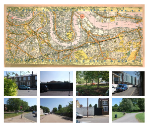 This work consists of a drawing on a map and thirty six photographs. The map shows the route a walk taken in as straight a line as possible from the house where I currently live to the location of my birth. The photographs were taken at equal distances along the walk, each one facing the direction of the location of my birth